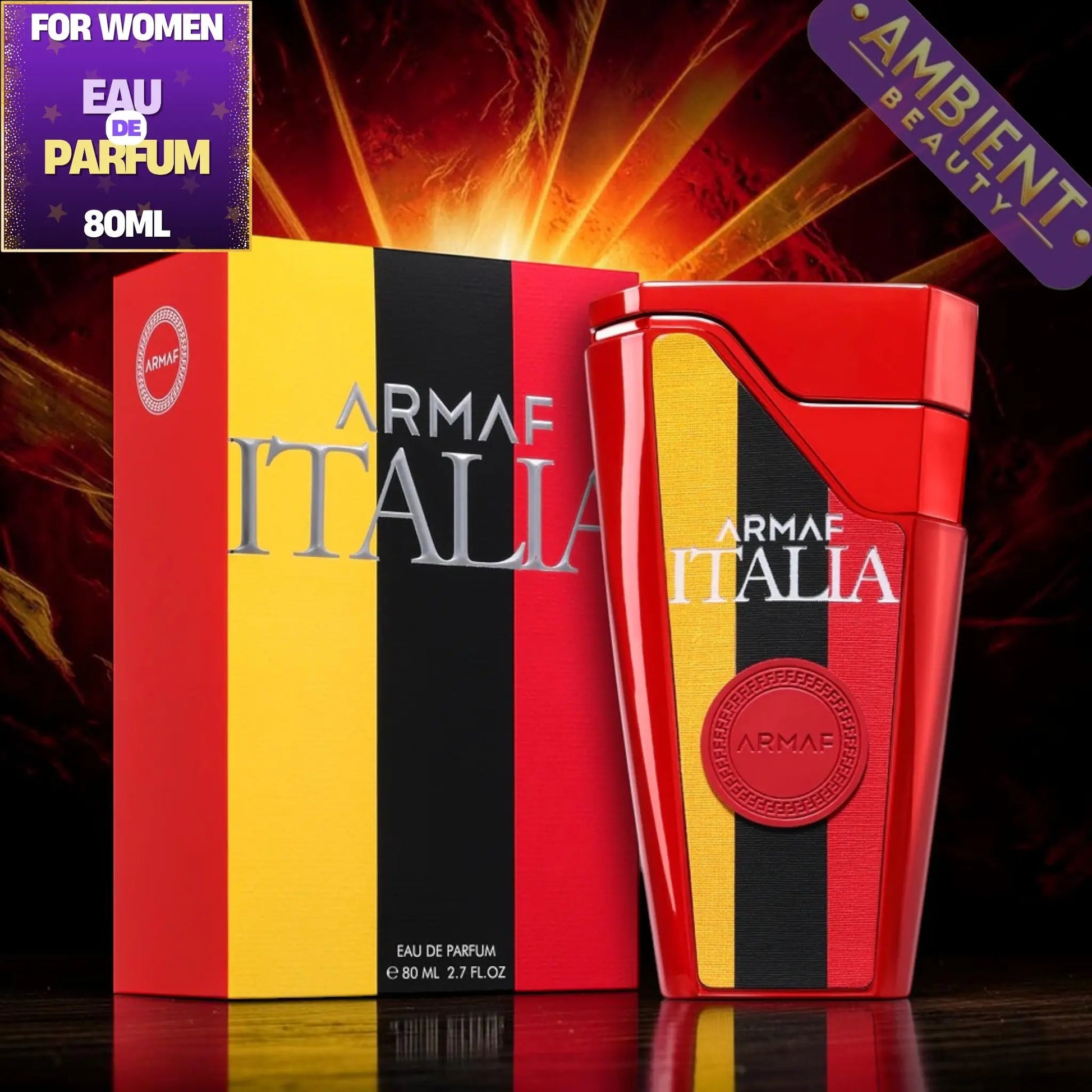Armaf Italia perfume bottle and packaging on a dark background