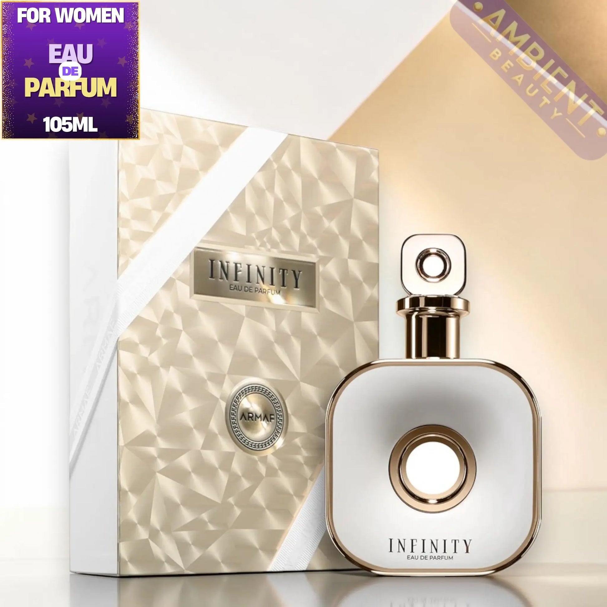Infinity Gold Eau de Parfum bottle and packaging on a reflective surface with 'Armaf' branding.