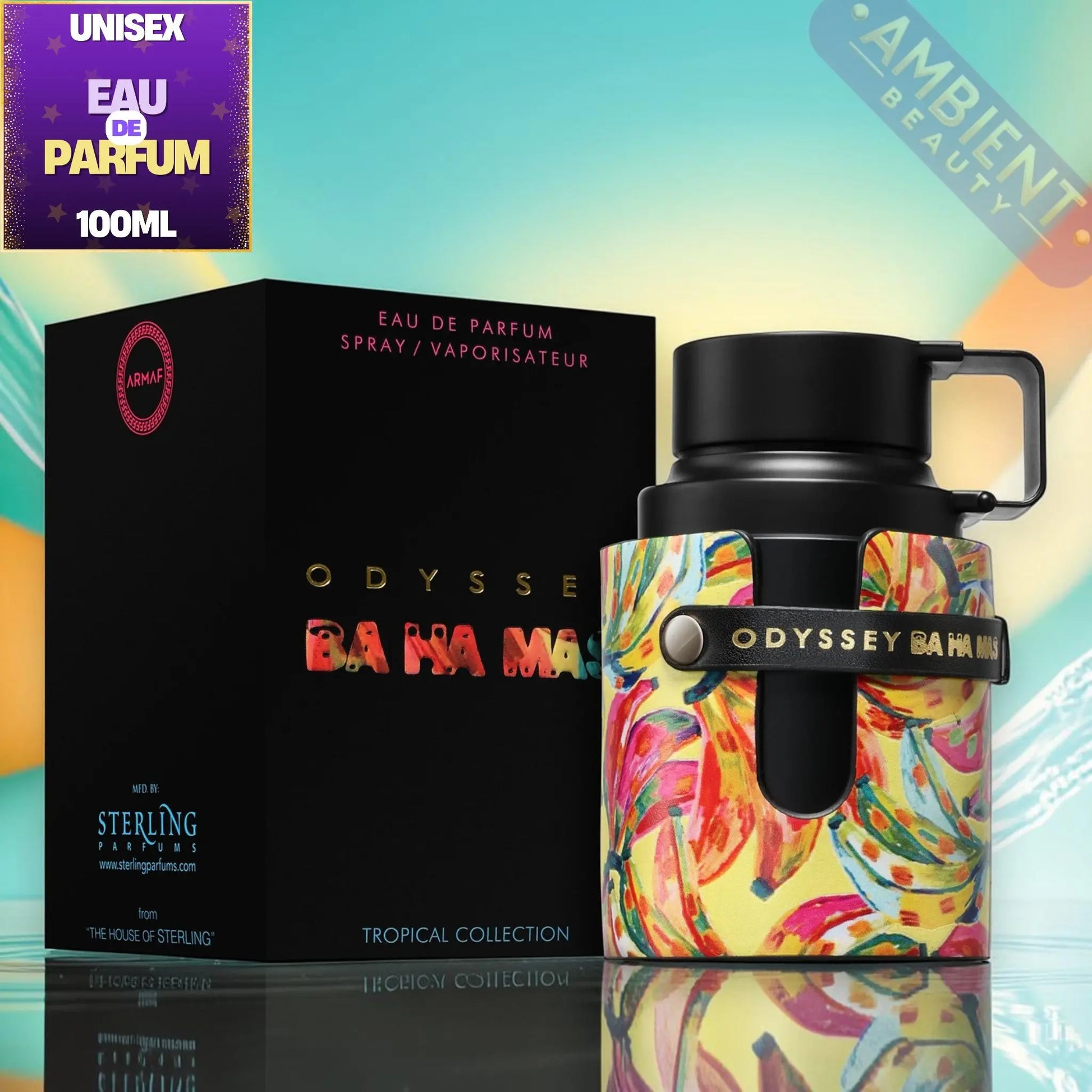 Colorful Odyssey Ba Ha Ma bottle with black cap and black box on a gradient background