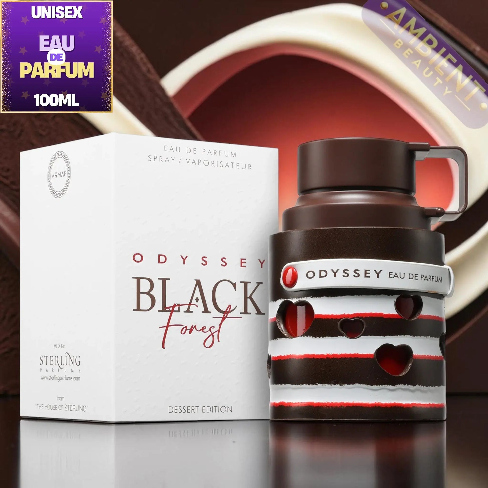 Odyssey Black Forest perfume bottle and packaging on a reflective surface with a blurred background.