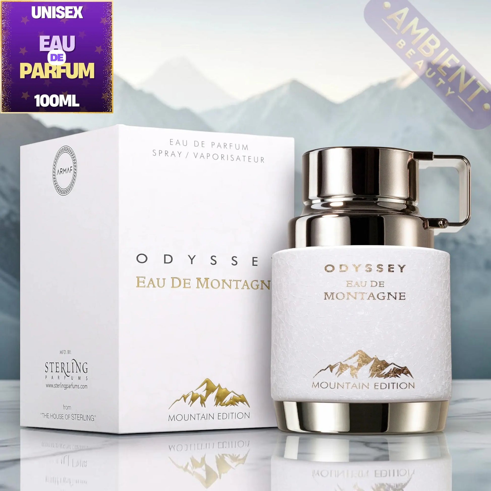Odyssey Eau De Montagne perfume bottle and packaging with mountain background