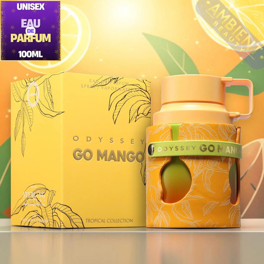 Yellow container with 'Odyssey Go Mango' branding on a yellow background
