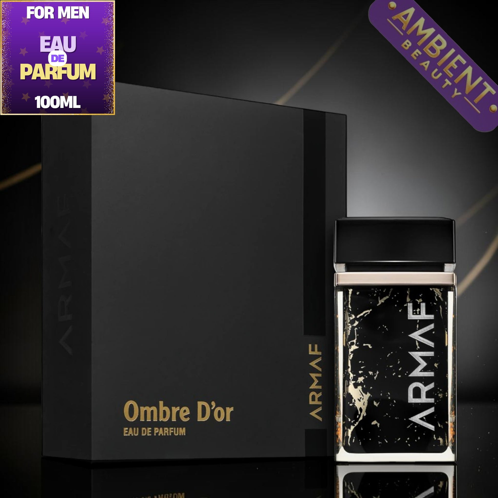 Armaf Ombre D'or perfume bottle and packaging on a dark background