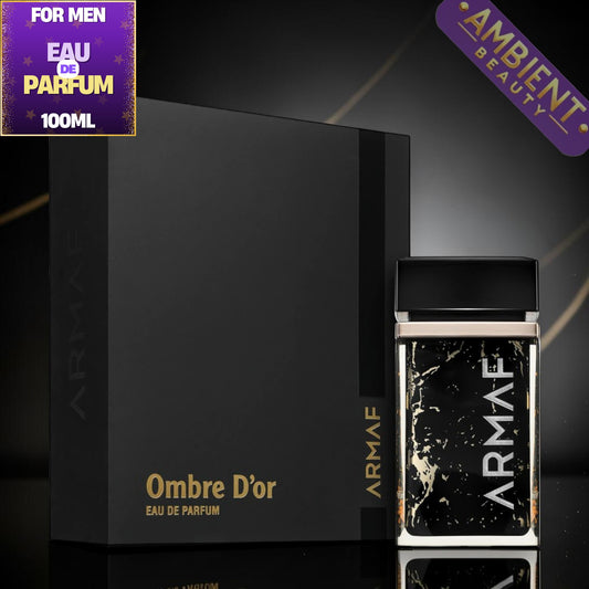 Armaf Ombre D'or perfume bottle and packaging on a dark background