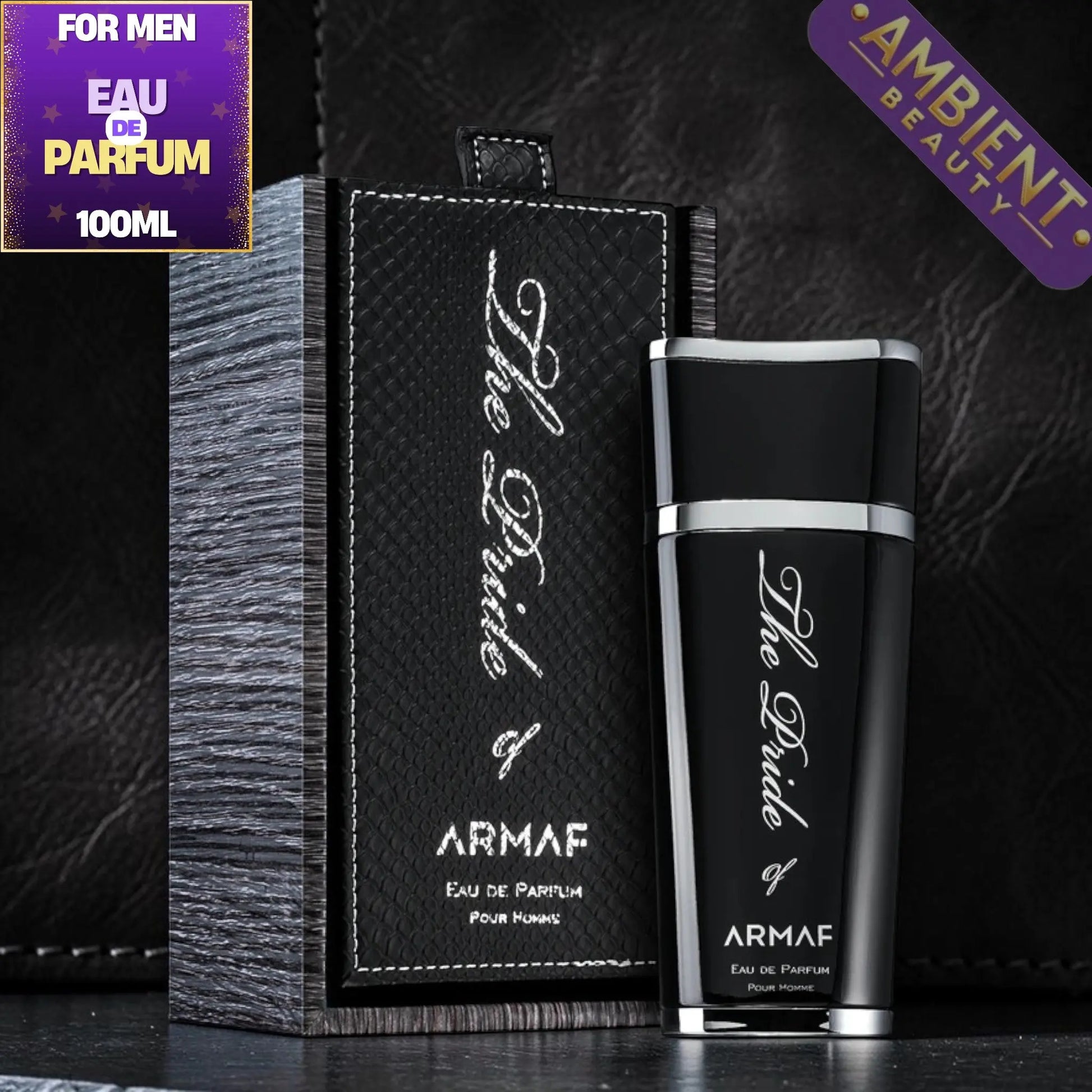 Armaf Pride Of Armaf perfume bottle and packaging on a dark background