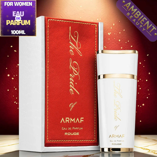 Armaf Rouge perfume bottle and packaging on a red background