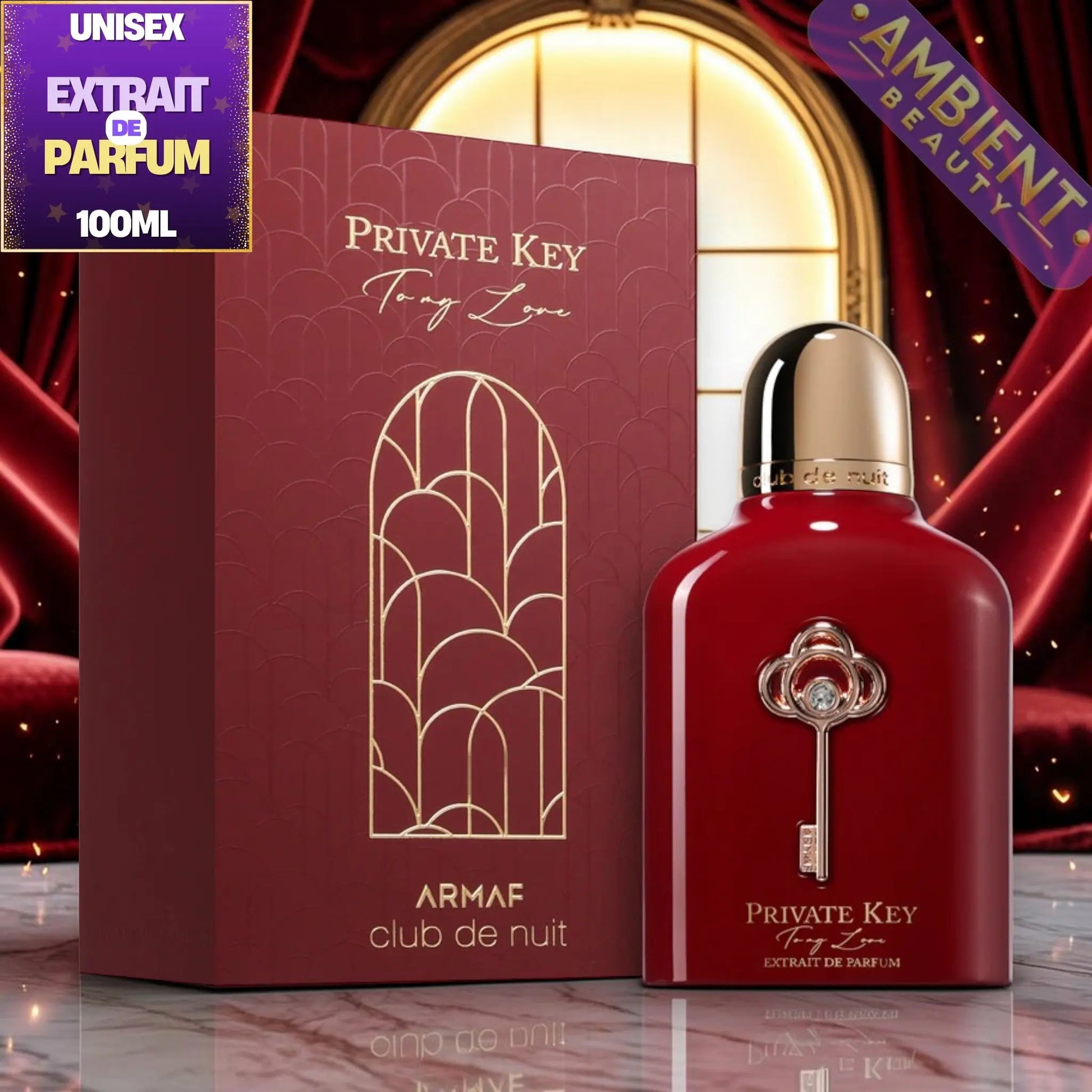 Red Armaf Private Key perfume bottle with packaging on a reflective surface