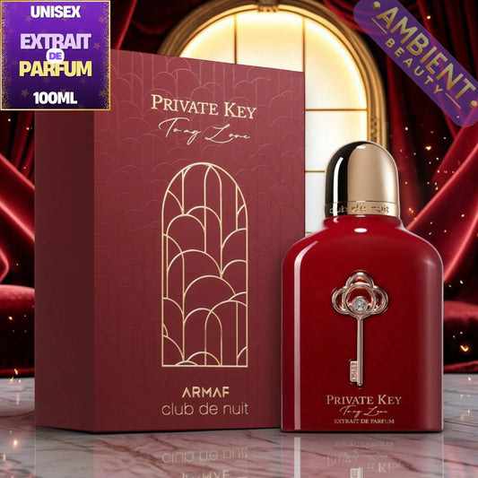 Red Armaf Private Key perfume bottle with packaging on a reflective surface
