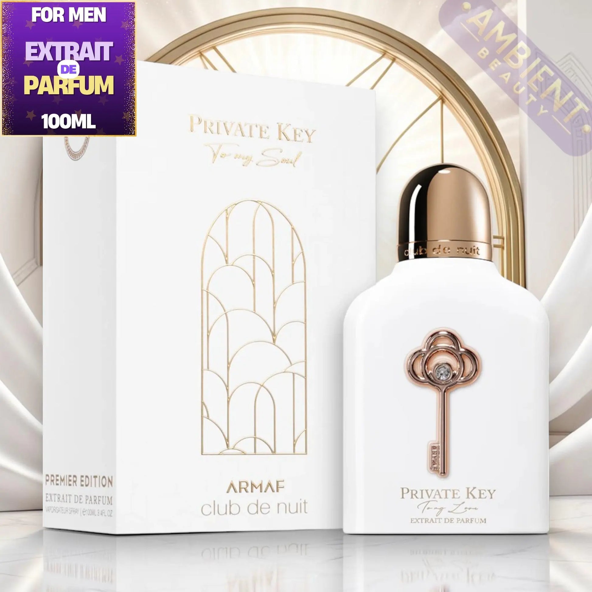 Perfume bottle and packaging with 'Private Key To My Soul' branding on a reflective surface.