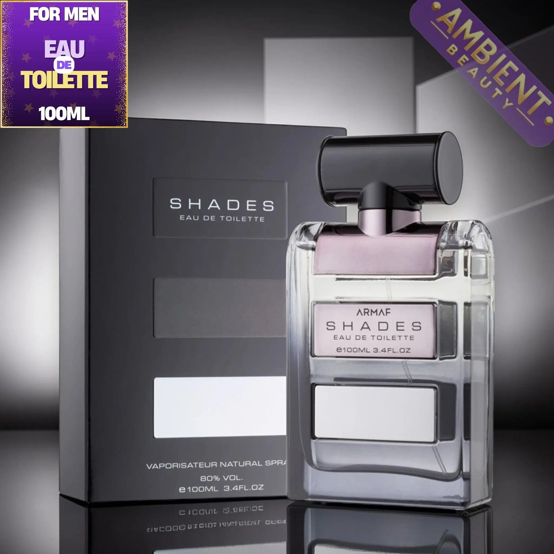 Armaf Shades Eau de Toilette bottle and packaging on a reflective surface with 'Ambient Beauty' branding.