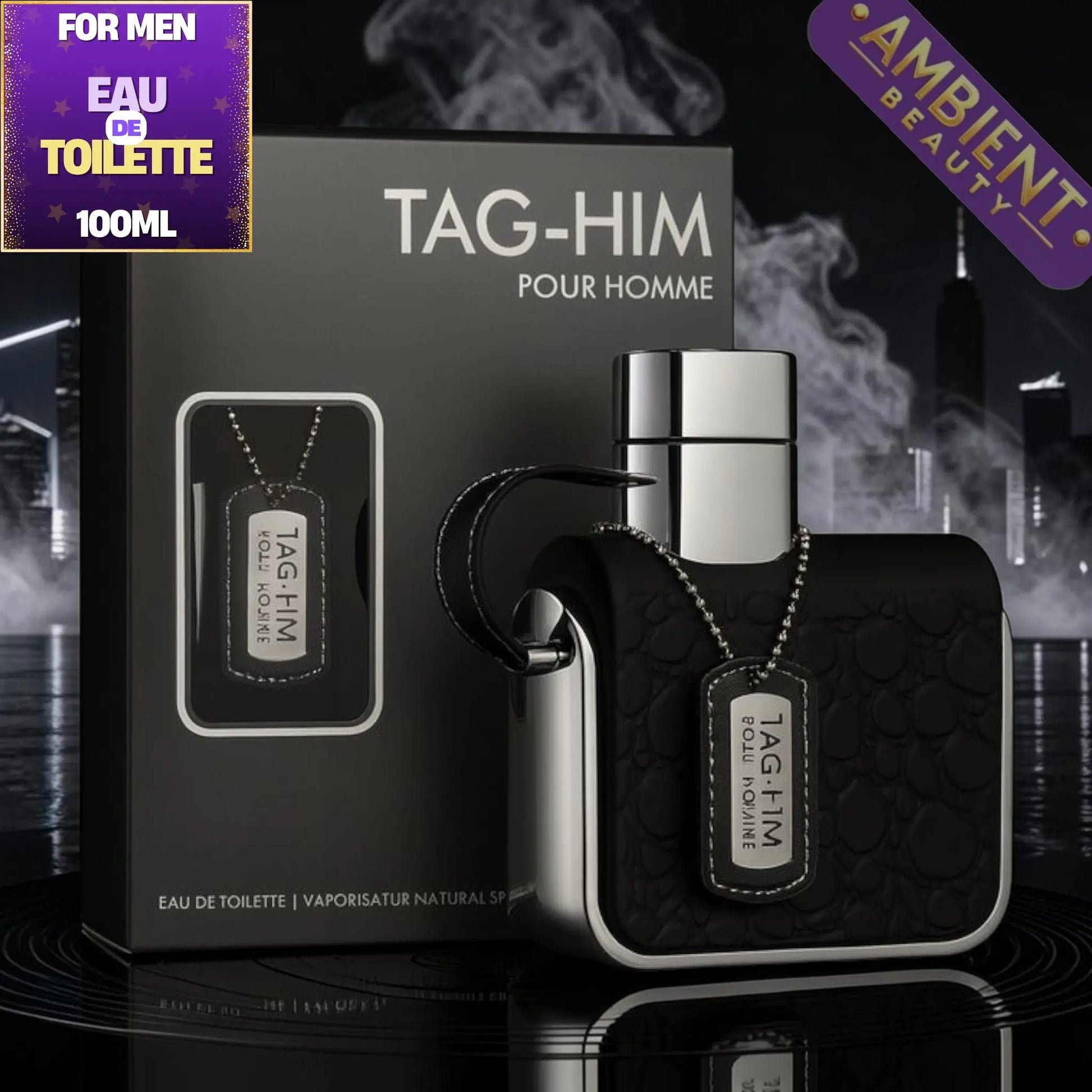 TAG-HIM pour homme perfume bottle and packaging with cityscape background