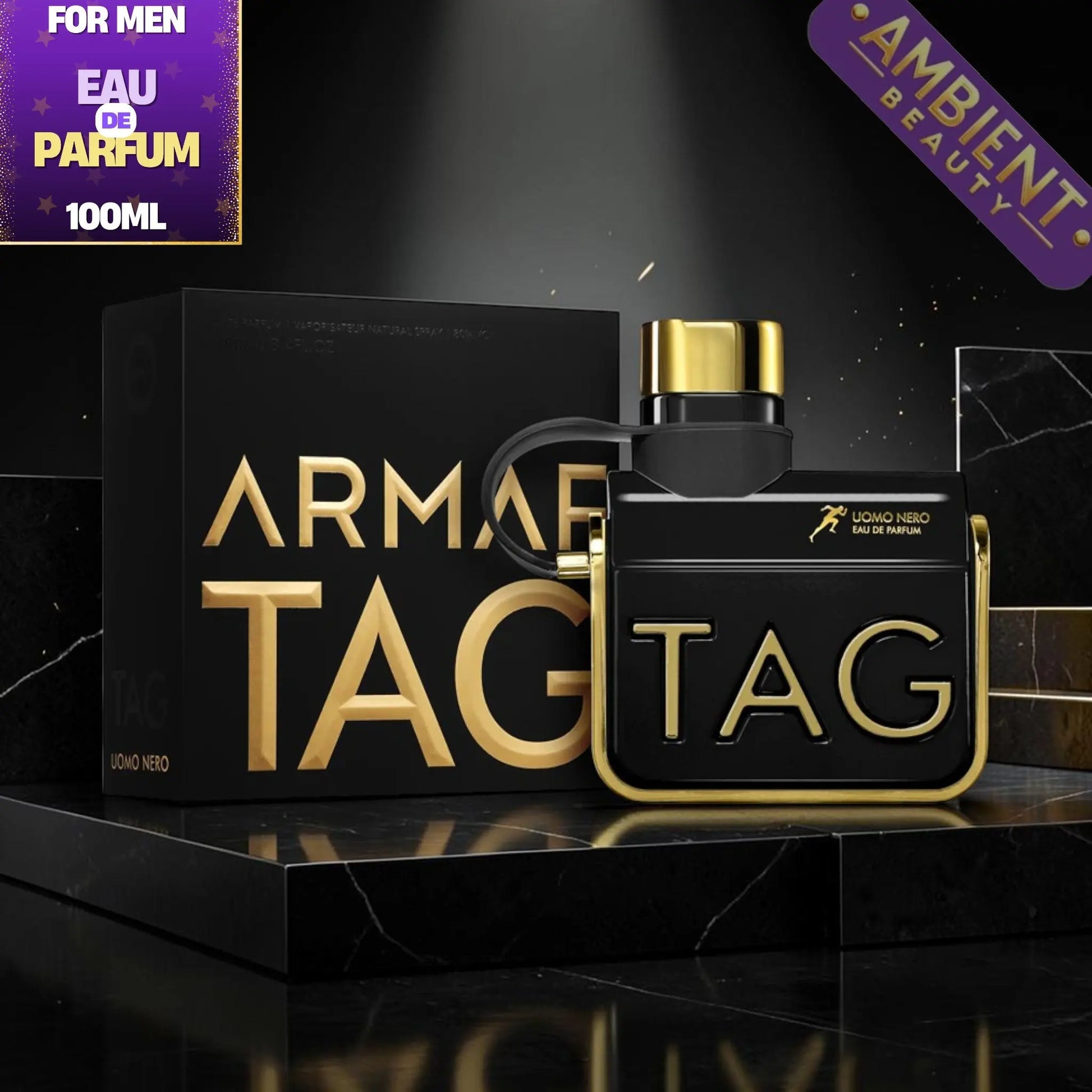 ARMED TAG perfume bottle and packaging on a dark background with Ambient Beauty branding.