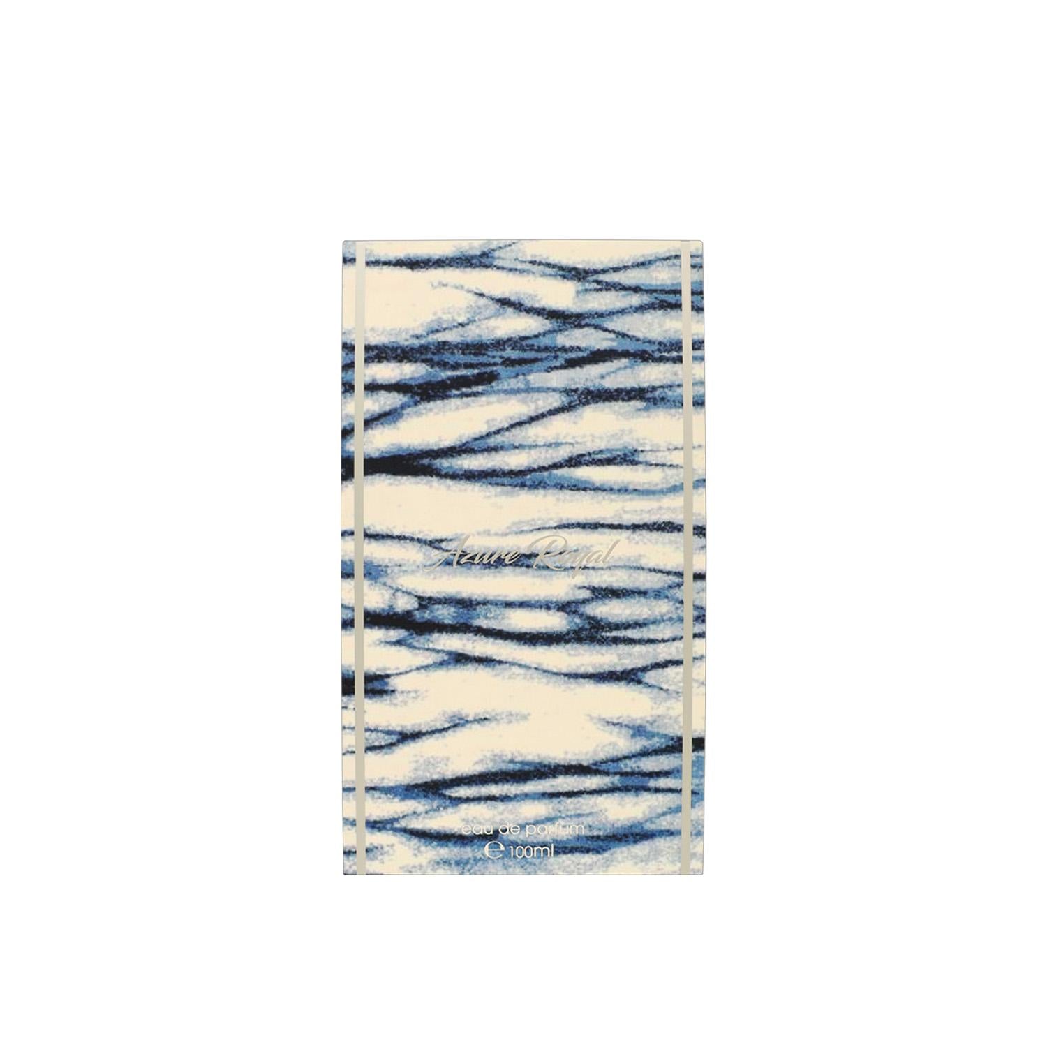 Ahmed Al Maghribi Azure Royal with blue abstract pattern on a white background