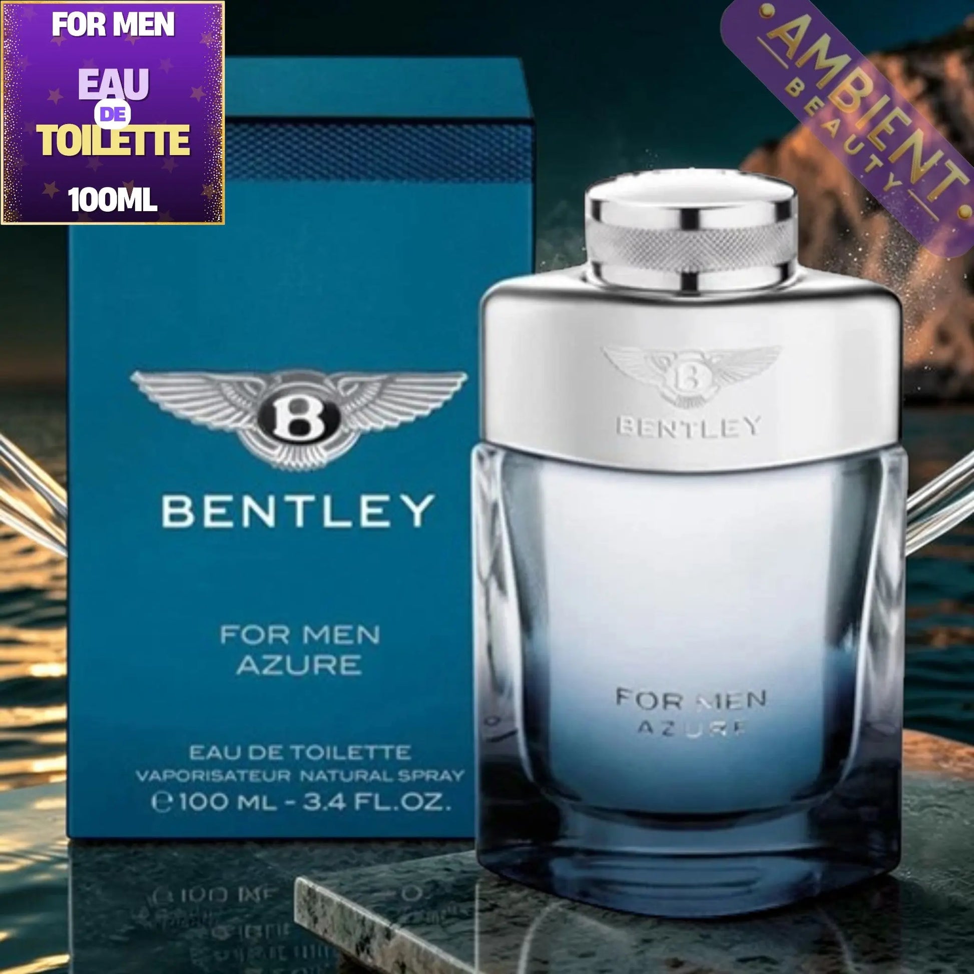 Bentley for Men Azure Eau de Toilette bottle and packaging on a reflective surface.