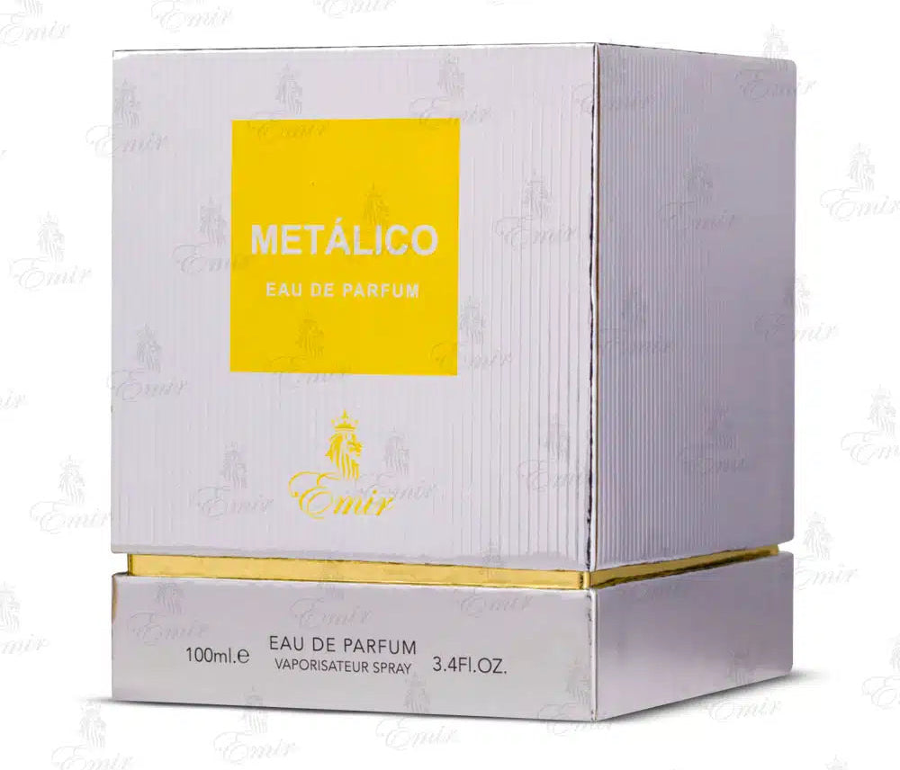 Emir Metalico Eau de Parfum packaging with yellow label on a white background