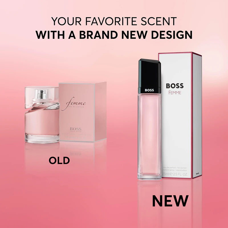 Comparison of old and new BOSS Femme perfume bottles and packaging on a pink background.