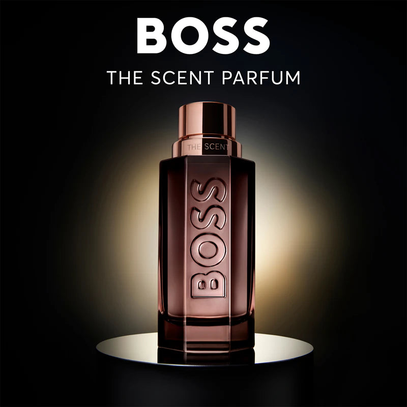 BOSS The Scent Parfum bottle on a dark background