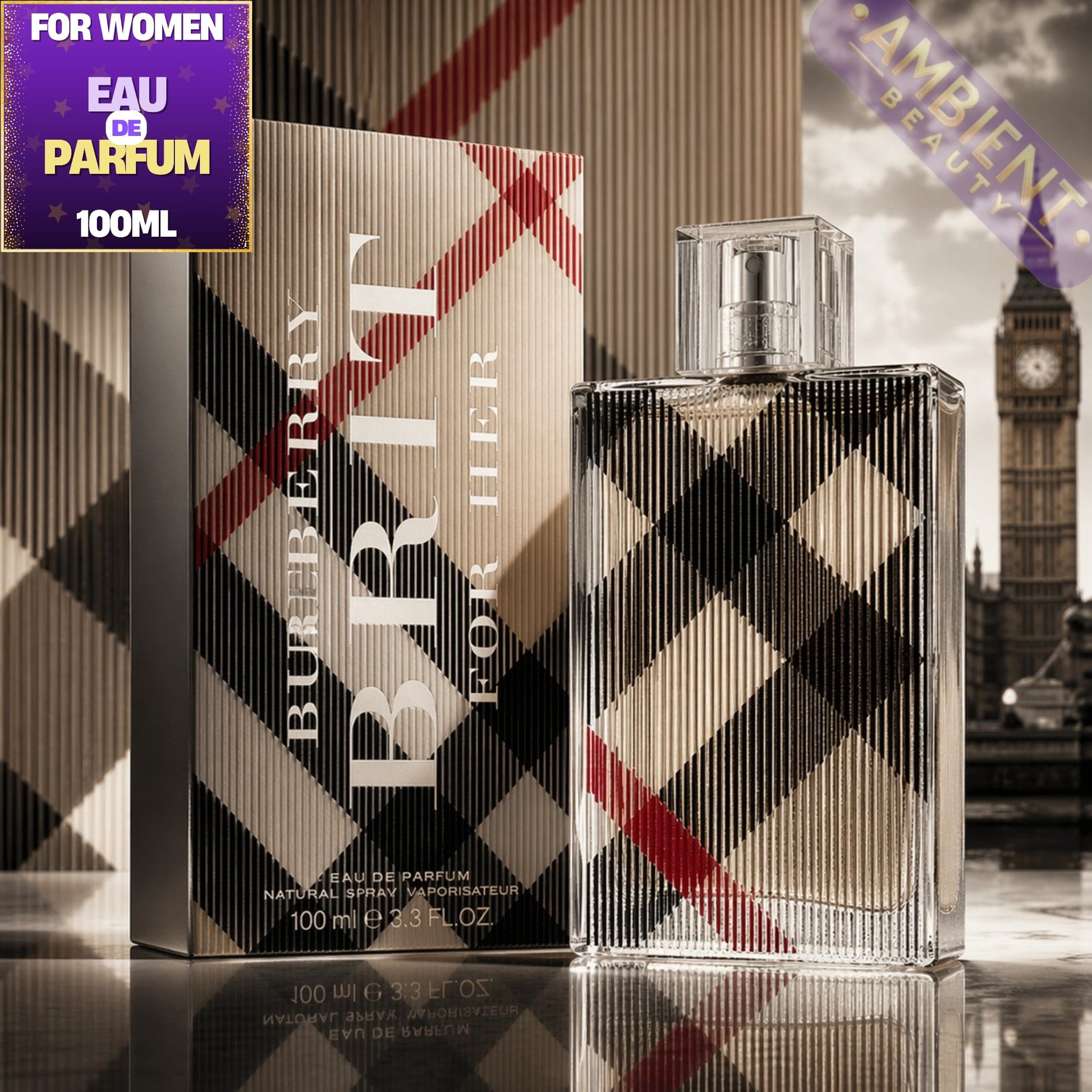 Burberry Brit for Her perfume bottle and packaging with a cityscape background