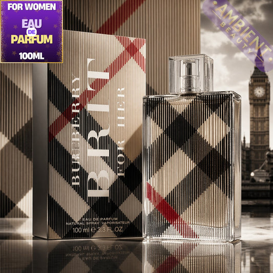 Burberry Brit for Her perfume bottle and packaging with a cityscape background