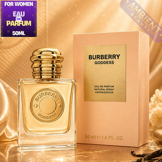Burberry Goddess perfume bottle and packaging on a gold background