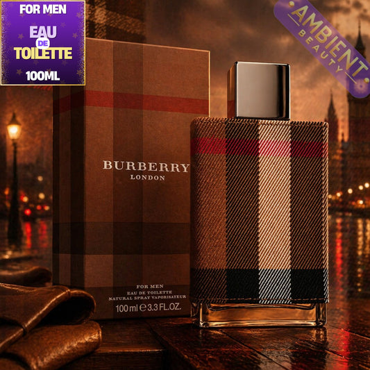 Burberry men's perfume with packaging against a cityscape background