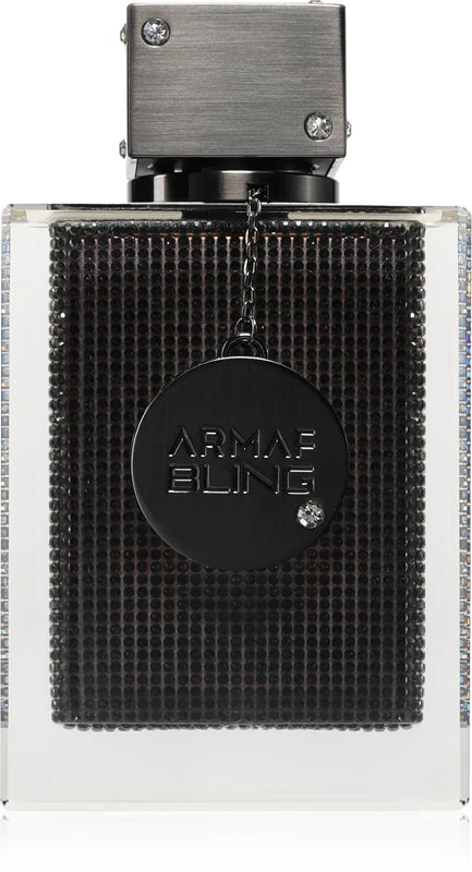 Black and silver Armaf Club De Nuit Bling perfume bottle on a white background