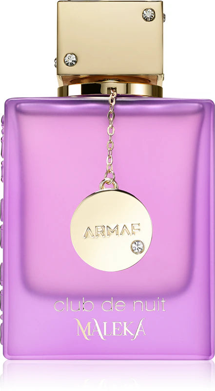 Purple Armaf perfume bottle with gold cap and tag on a white background