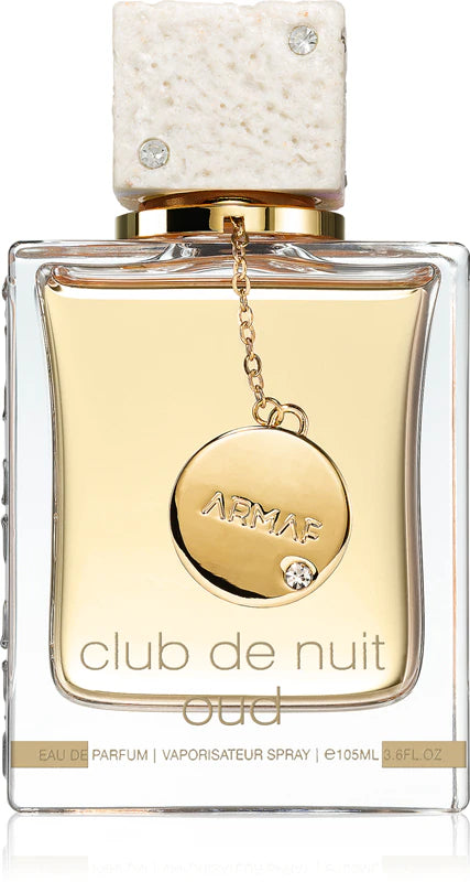 Perfume bottle labeled 'Armaf Club de Nuit Oud' on a white background
