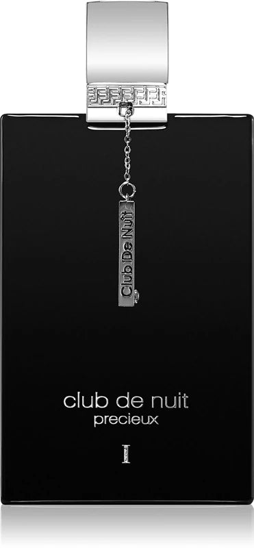Black perfume bottle labeled 'club de nuit precieux' with a silver cap on a white background