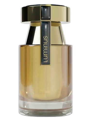 Gold and black Luminus perfume bottle on a white background