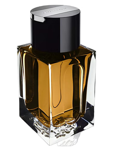 Amber-colored perfume bottle with a silver cap on a black background