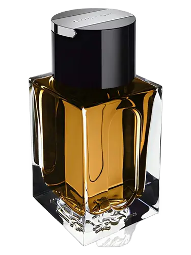 Amber-colored perfume bottle with a silver cap on a black background