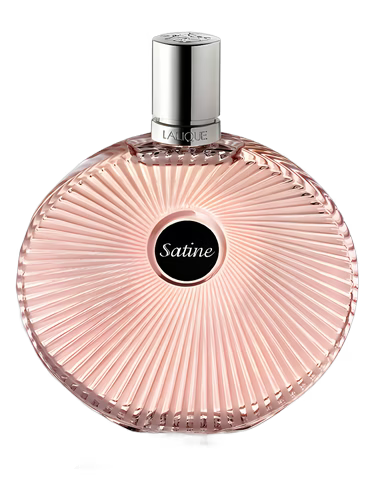 Perfume bottle labeled 'Satine' with a ribbed design on a black background