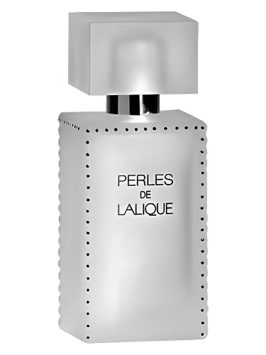 Perfume bottle labeled 'Perles de Lalique' on a black background