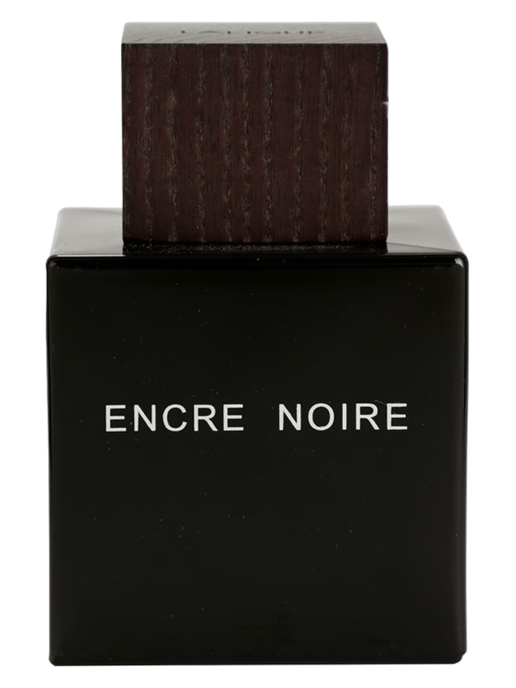 Black perfume bottle with 'Encre Noire' text on a white background