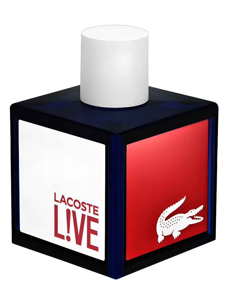 Lacoste ! LIVE perfume bottle with red, white, and blue design on a black background