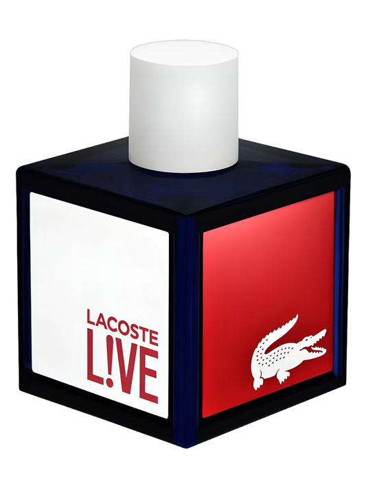 Lacoste ! LIVE perfume bottle with red, white, and blue design on a black background
