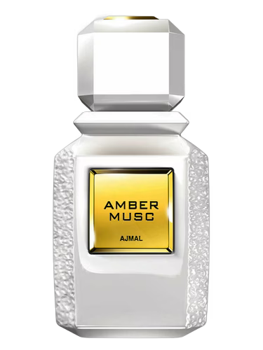 Perfume bottle labeled 'Amber Musc' by Ajmal on a black background