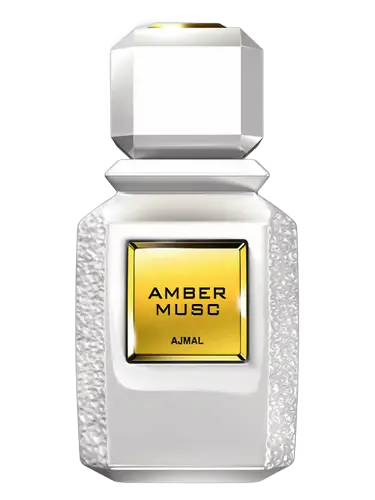 Perfume bottle labeled 'Amber Musc' by Ajmal on a black background