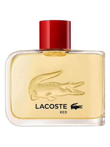 Lacoste Red perfume bottle with red cap on a white background