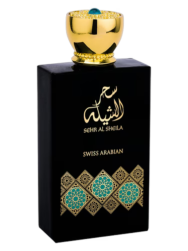 Swiss Arabian Sehr Al Sheila perfume bottle with gold and blue design on a black background