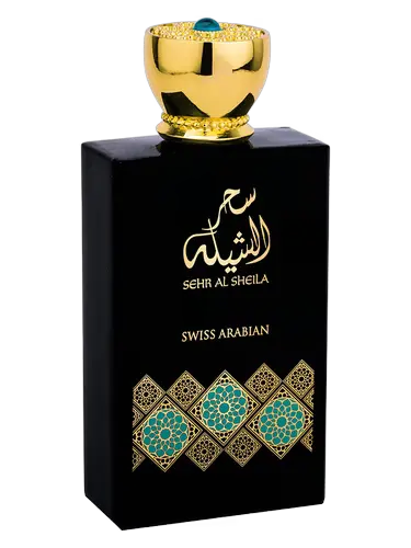 Swiss Arabian Sehr Al Sheila perfume bottle with gold and blue design on a black background