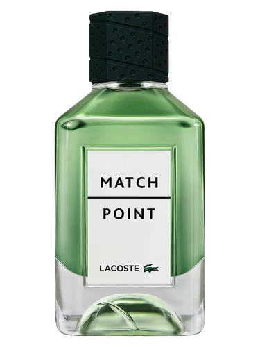 Green Lacoste perfume bottle with 'Match Point' text on a white background