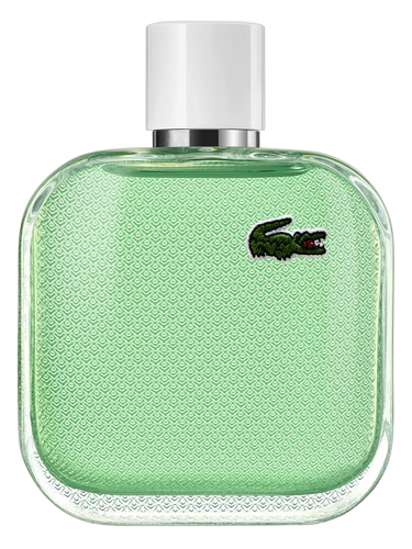 Green Lacoste perfume bottle on a white background