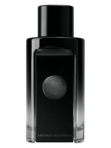 Black and clear perfume bottle with brand logo on a black background