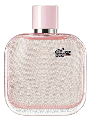Pink Lacoste perfume bottle on a white background