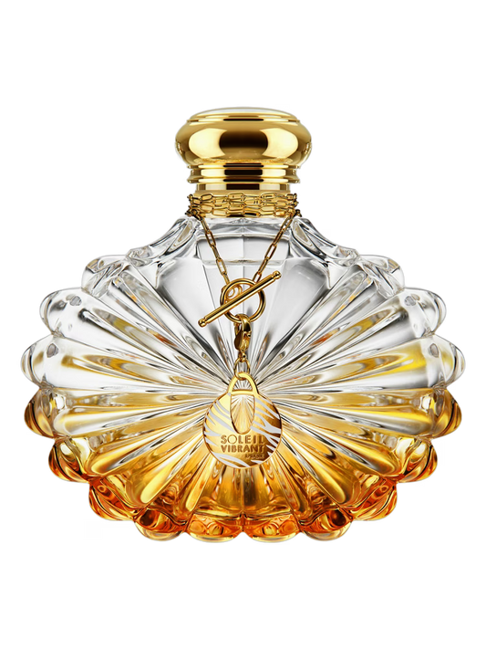 Perfume bottle with gold cap and detailed design on a white background