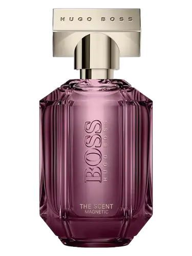 Purple Hugo Boss perfume bottle on a white background