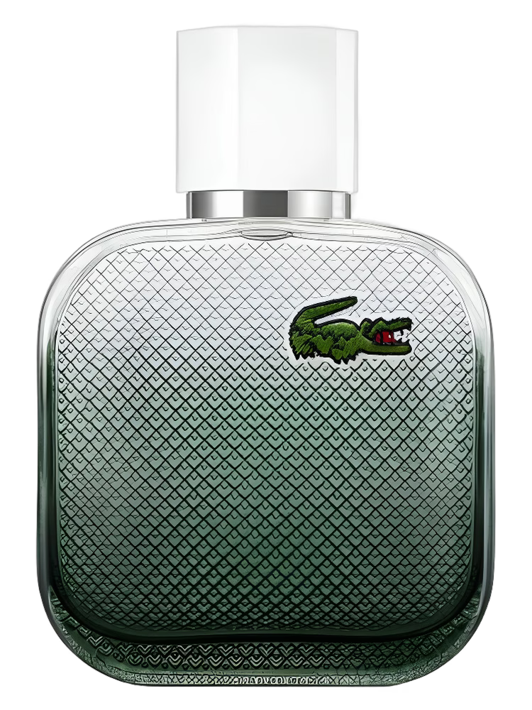 Green Lacoste perfume bottle with white cap on a transparent background