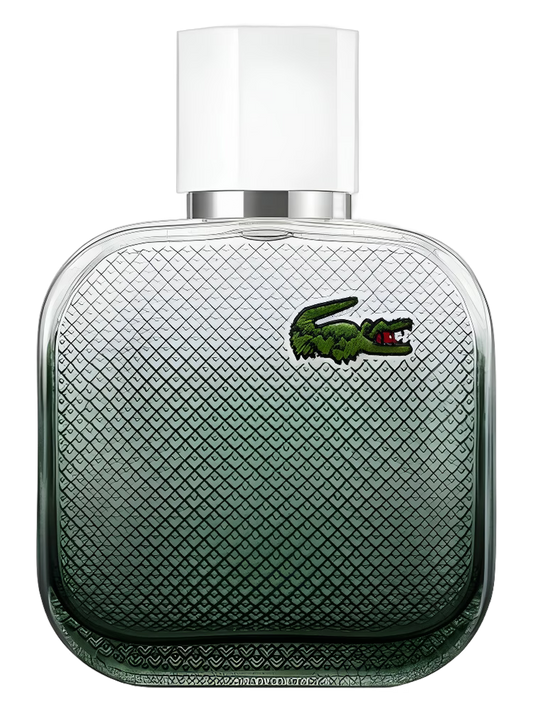 Green Lacoste perfume bottle with white cap on a transparent background